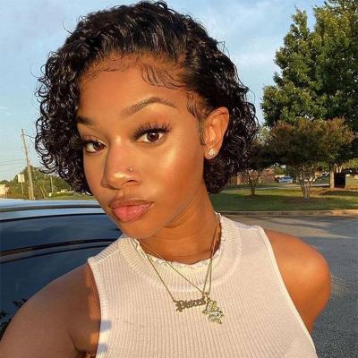 China Svolna's Cheap Pixie Cut Curly Wig 13x4x1 Full Lace Wig Kinky Curly Bleached Knots Short Brazilian Wig for sale