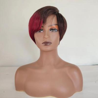 China Cheap Straight Short Hair Machine Made Wigs Glueless Color Burgundy Highlight YL Brazilian Hair Pixie Cut Wigs for sale