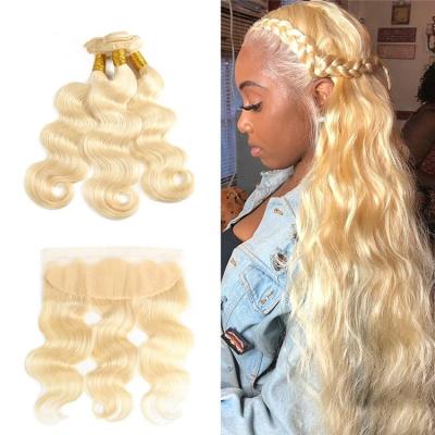 China Body Wave Fuxin 613 Blonde Body Wave Brazilian Hair Weave Hair Bundles With Closure 3 Bundles Remy Hair With Lace Frontal Closure for sale