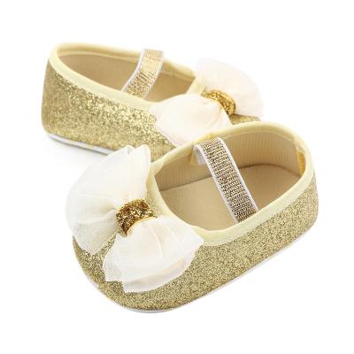 China New style flat gold/silver/yellow female treasure dance sport shoes with lace and bowknot decoration for sale