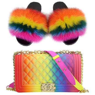 China Wholesale Real Fur Anti-Slippery Slides And Matching Purse Set Rainbow Color Fox Fur Slides Slippers And Cross-Body Jelly Bag Set for sale