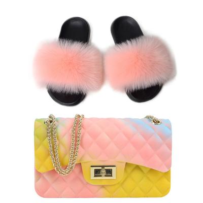 China Anti-slippery Mixed Color Fur Slides And Matching Bulk Purse Wholesale Price Women Faux Fur Slides Slipper Bag And Cross-Body Matching Colored Set for sale