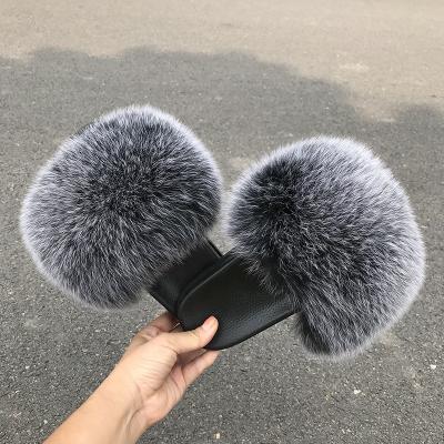 China Fashion Trend 2021 Custom Logo Fur Slides Fluffy Furry Big Size Summer Color Real Raccoon Fox Mixed Fur Slippers For Women for sale