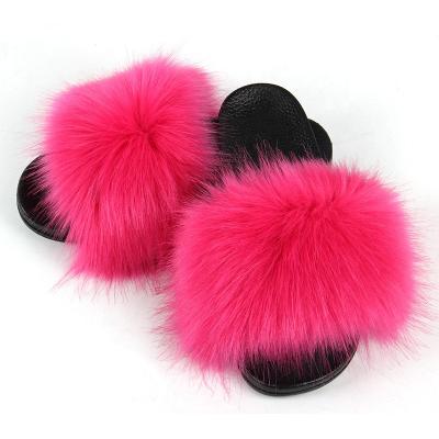 China Fashion Trend High Quality Faux Fox Fur Fluffy Slippers Large Slippers For Women Summer Home Shoes Sandals Faux Fur Flip Flips Slippers for sale