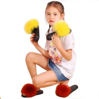 China Wholesale Furry Flat Large Fox Fur Raccoon Slippers Kids Children Real Fur Slides Summer Plush Fur Slides Slippers For Girls for sale