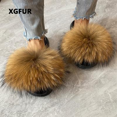 China Wholesale Fashion Trend Raccoon Fur Natural Fur Slippers Real Slips Summer Fur Fluffy Hairy Slippers For Women for sale