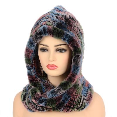 China breathable & Waterproof Women Knitted Real Rex Rabbit Fur Hat Hooded Scarf Winter Hats For Women Warm Natural Fur Hat With Neck Scarves for sale