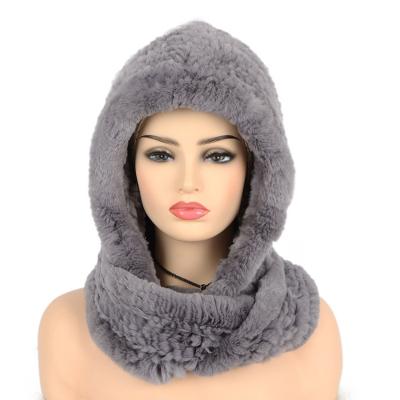 China breathable & Wholesale Waterproof Knitted Real Rex Rabbit Fur Hat And Scarf Winter Hooded Women's Fur Hat With Neck Scarves for sale