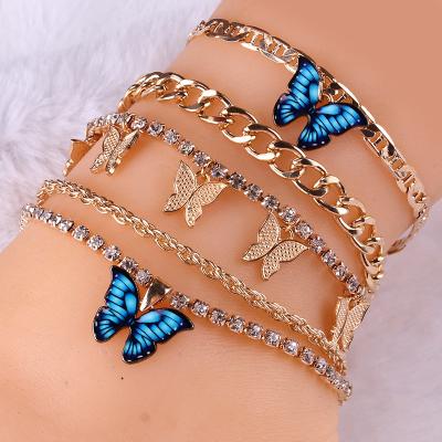 China Vintage Fashion Women Gold Plated Foot Jewelry Set Butterfly Anklet Bracelet Stainless Steel Diamond Anklet for sale