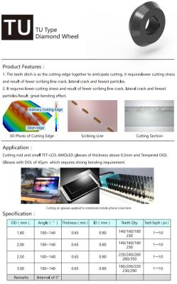 China 0.65mm Thick TU Type Diamond Scribing Wheel For OGS Glass for sale