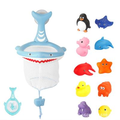 China +6 Spray Glazed Cartoon Kids Bath Toy Shark Net Bath Set Fishing Animal Game With Water Toys for sale