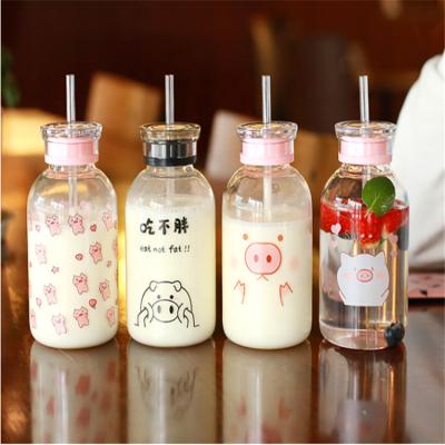 China 450ml Beverage Factory Direct Juice Milk Glass Bottle With Lid And Straw for sale