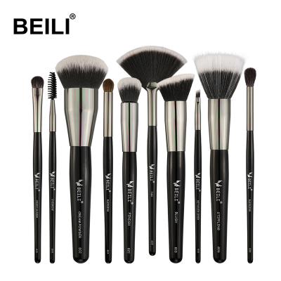 China Angular Blush LOW MOQ New BEILI 12Pcs Wholesale Black High Quality Wooden Handle Makeup Foundation Brush Beauty Tool for sale