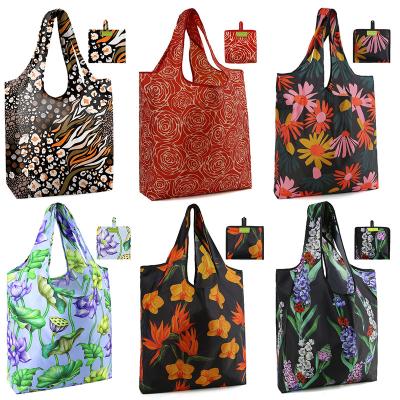 China Strong Lightweight Polyester Handled Reusable Grocery Bags Foldable Washable Shopping Bag Bulk Large Colorful Folding Storage Bag for sale