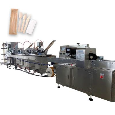 China Full Automatic Horizontal Disposable Plastic Wooden Food Cutlery Set Spoon Knife Fork Packing Machine for sale