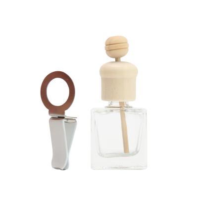 China New Design Square Perfume 8ml Car Air Fresher Hanging Glass Perfume Diffuser Bottle With Wood Cap And Metal Clip for sale