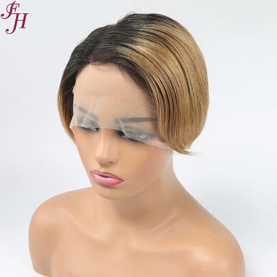 China FH 100% FH 100% Indian Remy Hair Wholesale Wigs 1B&27 100% FH 100% Indian Remy Hair Wholesale Wigs 1B&27 Raw Thick Sheer Soft Smooth Thick T-Part 13x1 Pixie Cut Hair Raw Transparent Short Natural Wig for sale