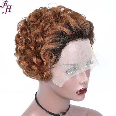 China Hot Sale Peruvian Hairband Barely Shedding Thick Smooth Soft Pixie Wig Virgin Brazilian Pixie Lace FH Pixie Curly Wig 1B&Brown 13x1 Curls Cut Hair Wig for sale