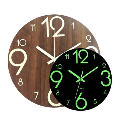 China New Japan Style 12 Inch Simple Luminous Amazon Wooden Glow In The Dark Night Light Wall Clock for sale