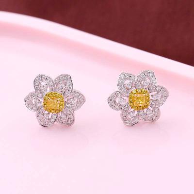 China Vintage Flower Stud Earrings For Women With Real Natural Round Fancy VS Yellow Diamond Stone As Gift for sale