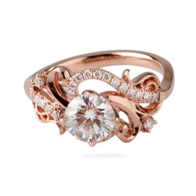 China New style Moissanite Ring Round Shape of gold 2019 6.5mm DEF Moissanite Ring Rose Gold 1 carat floral ring for sale