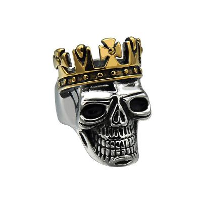 China Vintage Biker Punk Surgical 316l Stainless Steel 18k Gold Plated Crown Skull Rings For Men for sale