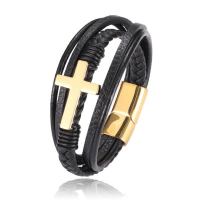 China BOHO Luxury Men Braided Stainless Steel Bracelet Leather Cross Bracelet for sale