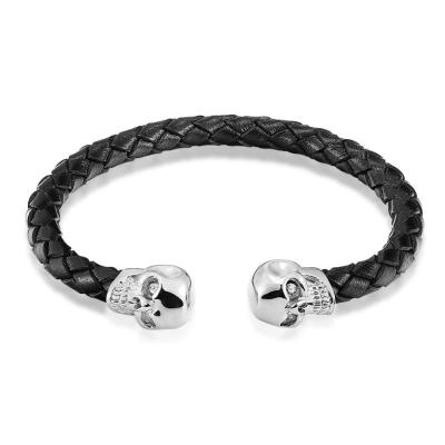 China Custom Men's Black Braided PU Leather Cuff Bracelet of Skelton Punk Crystal Skull Diamond Skull Bracelet for sale