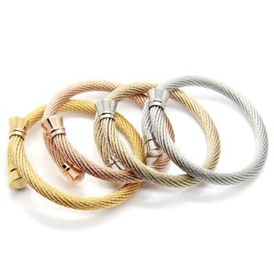 China Trendy Fashion Thin Gold Layer Twisted Bracelets Stainless Steel Rope Cable Bangle Cuff Bracelet For Women Men for sale