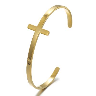 China Trendy 2022 Women Jewelry Trendy Gold Plated Stainless Steel Open Cuff Bangle Cross Bracelet for sale