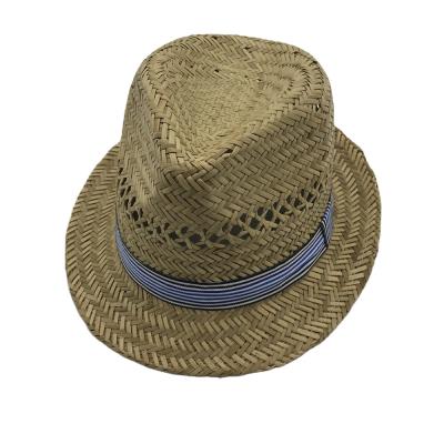 China 2021's Factory Supply New Style Popular Kids Striped Kids Straw Fedora Hat With Striped Ribbon Natural Straw Fedora Hat With Striped Ribbon for sale