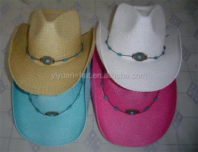 China Wholesale Character Color Straw Cowboy Hats Paper Cowgirl Hats With Button Trimming for sale