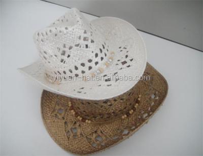 China Character Factory High Quality Patterns Stained Straw Cowboy Hats With Beads Paper Trimming for sale