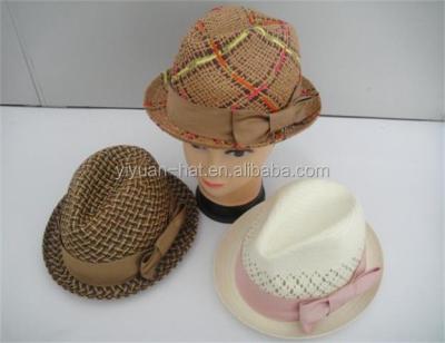 China Small Character Fashion Paper Colorful Woven Edge Fedora Hat With Bow for sale