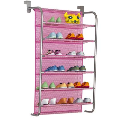 China Wholesale Convertible Space Saving Pink Wall Mounted Door Shoe Rack Wire Metal Wrought Iron Shoe Hanging Rack for sale