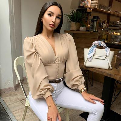 China Anti-pilling New Lady's Cropped Women's Blouses V-neck Sexy Shirt Draw Back Autumn Women Clothing Lantern Sleeve Collectible Chiffon Wholesale for sale