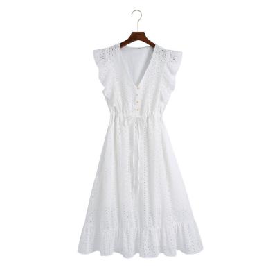 China 2021 Women Breathable Summer Falbala Casual V-Neckline Dresses White Dress for sale