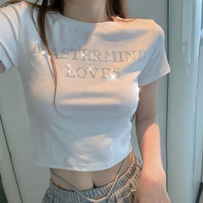 China Anti-wrinkle BILLION logo custom crop tees top graphic rhinestone printed women's crop slim fitted tee for sale