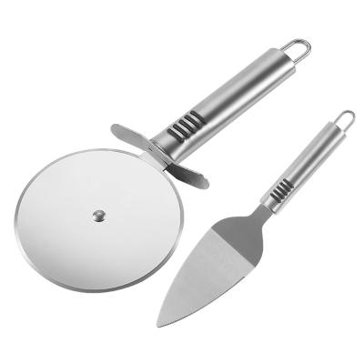 China Manjia Sustainable Round Pizza Rolling Cutter Shovels 2 Pcs Stainless Steel Pizza Tool Kit Portable Pizza Cutter Gift Set for sale