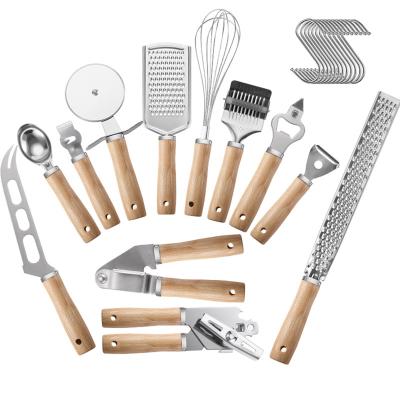 China Manjia Viable 12 Pcs Wooden Handle Kitchen Utensils Set With Can Opener Beat Garlic Press Pizza Cutter Cheese Grater Cheese Cutter for sale