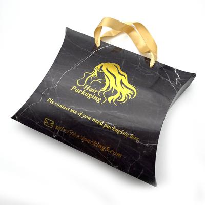 China Custom Logo Black Wig Hair Extensions Gold Foil Pillow Materials Recycled Packaging Paper Gift Boxes For Bundles for sale