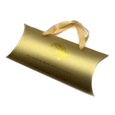 China Recycled Materials Customized Logo Brand Gold Wig Pillow Box Packaging For Hair Extension Bundles With Ribbon Handles for sale