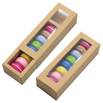 China Custom Reused Materials Kraft Paper Drawer Box For Baked Cookie Macaroon Cake Food Packaging Box With Clear PVC Window for sale