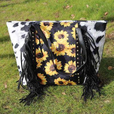 China Tassel Dress Sunflower Cowhide Colored Fringe Leather Female Tote Purse With Rivet Decoration for sale