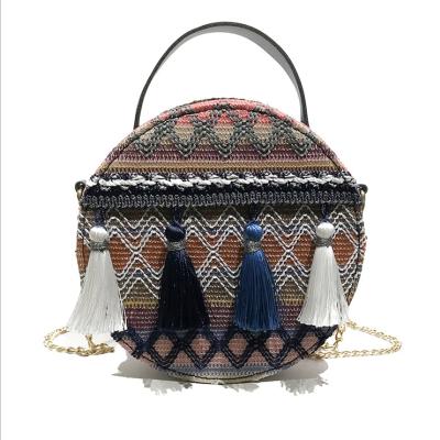 China New Use C.S.I. Daily Style Woven Purse Around Straw Bag With Tassels Handmade Shoulder Bag For Women for sale