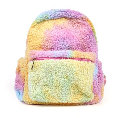 China Newspaper Used Hot Sale Fleece Backpack Cute Rainbow Furry Sherpa Bag For Travel School Girls Kids Fluffy Shoulder Bag for sale