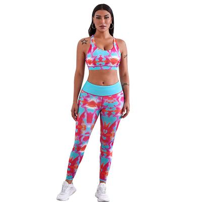 China Breathable Women Tie Dye O Neck Sleeveless Tank Fitness Apparel Yoga Bra Sets Sport Wears for sale