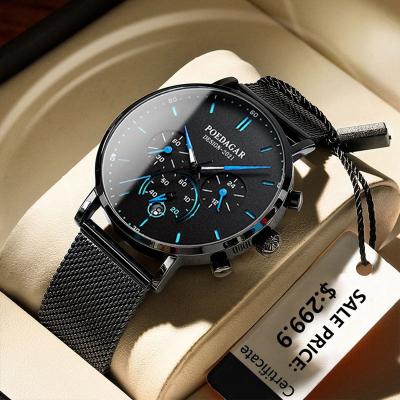 China Luxury Poedagar Chronograph Stainless Steel Watch Sports Chronograph Quartz Watches Waterproof Luminous Watch For Men for sale