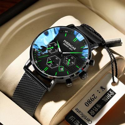 China Chronograph Poedagar Chronograph Calendar Watches Men Wrist Stainless Steel Mens Watch Quartz Waterproof Luminous Wholesale Watches for sale