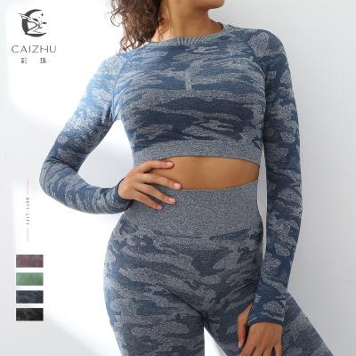 China Wholesale Cheap Antibacterial Camouflage Sports Tops Sexy Beauty Yoga Clothes Women Back Underwear Hollow Out Tights Long Sleeves for sale